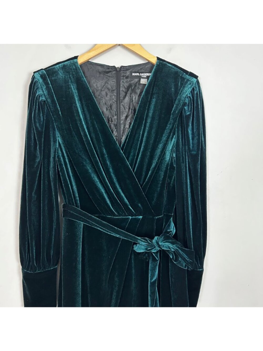 Karl Lagerfeld Green Velvet Faux Wrap Dress Tie Waist Size 10 Women's - Picture 2 of 6